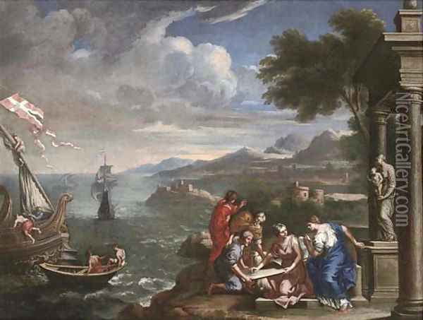 A Mediterranean coastal landscape with shipping and figures before a statue of the Madonna and Child in a classical portico Oil Painting - Domenico Zampieri (Domenichino)