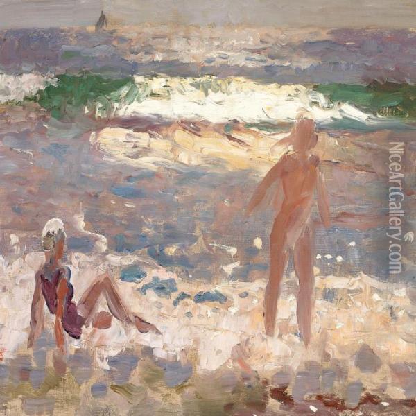 Two Bathers At Skagenbeach Oil Painting - Laurits Regner Tuxen