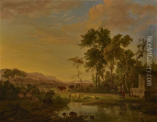 Southern Landscape With Shepherds And Cattle Oil Painting - Johannes Cornelis Haccou