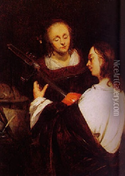 Young Man Playing A Lute, A Young Woman Standing Nearby Oil Painting - Pieter Hardime