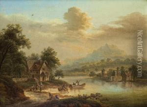 Flusslandschaft Mit Fischerbooten Oil Painting - Johann Georg Schutz