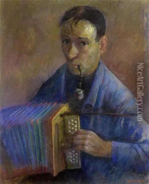 Self Portrait With Accordion Oil Painting - Werner Neuhaus