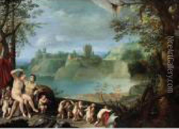 Mars And Venus In An Extensive River Landscape With Putti Playing And Dancing Oil Painting - Paul Bril