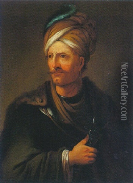 Portrait Of An Ottoman Gentleman Wearing A Feathered Turban And Holding A Scimitar Oil Painting - Christian Wilhelm Ernst Dietrich