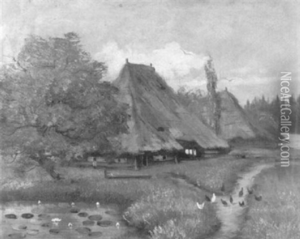 Bauernhauser Mit Teich Und Pickender Huhnerschar Oil Painting - Johann Othmar Doebeli