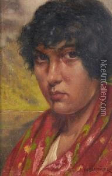 Portrait De Femme Au Chale Rouge Oil Painting - Franz Obermuller