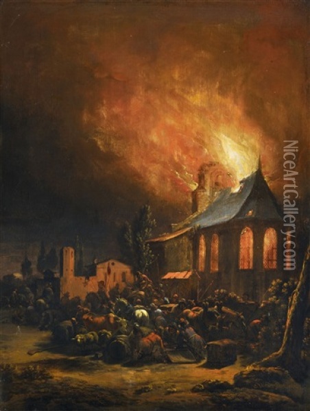 Plundering In A Burning Village Oil Painting - Egbert Lievensz van der Poel