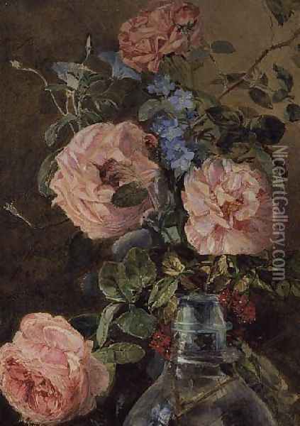 Roses Convolvulus and Delphiniums Oil Painting - James Holland