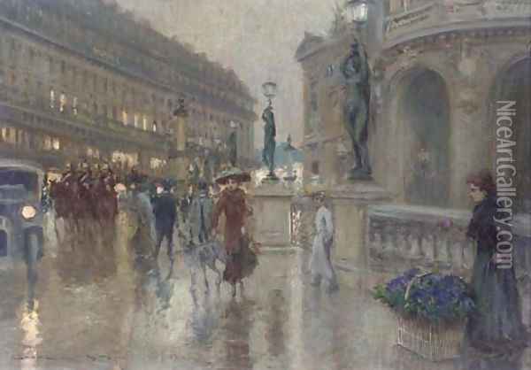 Avenue de l'Opera at dusk, Paris Oil Painting - Georges Stein