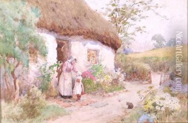 Mother And Child Outside A Thatched Cottage Oil Painting - Henry Curzon Allport