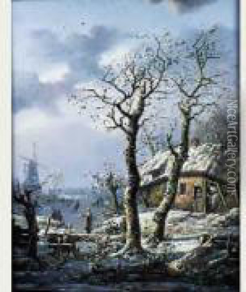 Paysage D'hiver Avec Chaumiere Et Patineurs Oil Painting - Henri Voordecker