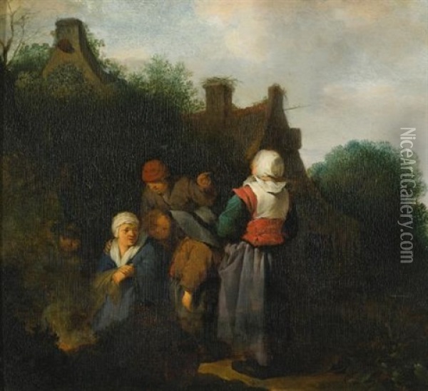 A Peasant Family Gathered Before An Open Fire Oil Painting - Cornelis Pietersz Bega
