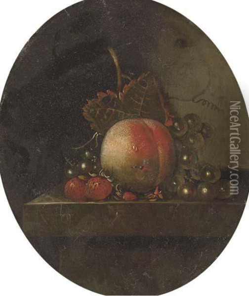 A Peach, Grapes On The Vine, Strawberries And Blueberries On A Stone Ledge Oil Painting - Adriaen Coorte
