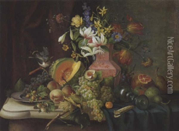Stilleben Mit Buntem Blumenstraus, Fruchten Und Vogel Oil Painting - Franz Hohenberger