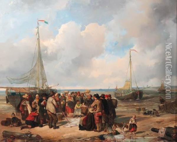 De Afschlag Van Visch Aan Het Strand Te Scheveningen: A Fishauction On The Beach Oil Painting - Herman Frederik Carel ten Kate