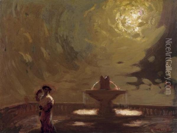Girl By A Well Lit By Moonlight Oil Painting - Bela Ivanyi Grunwald