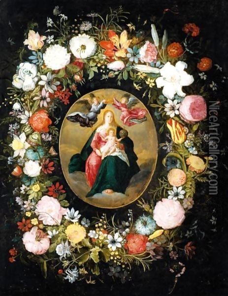 A Garland Of Flowers Surrounding The Coronation Of The Virgin Oil Painting - Jan Brueghel the Younger