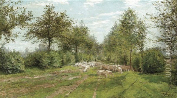Sunny Lane With Shepherd And Flock Oil Painting - Adriaan Josef Heymans