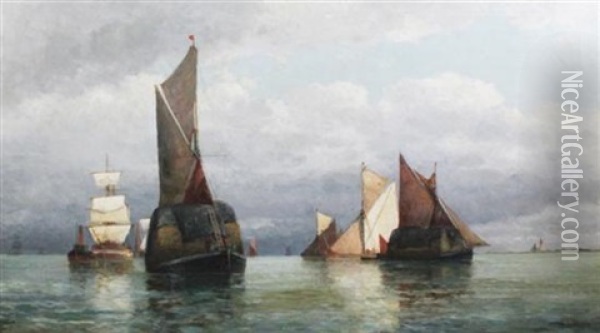 Hay Barges Off The Coast Oil Painting - Frederick James Aldridge