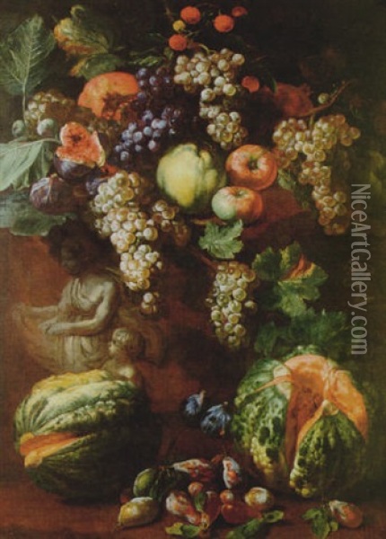 Still Life Of Grapes, Pomegranates, Apples, Plums, Figs And Melons On A Ledge Carved With A Bas-relief Oil Painting - Michelangelo di Campidoglio