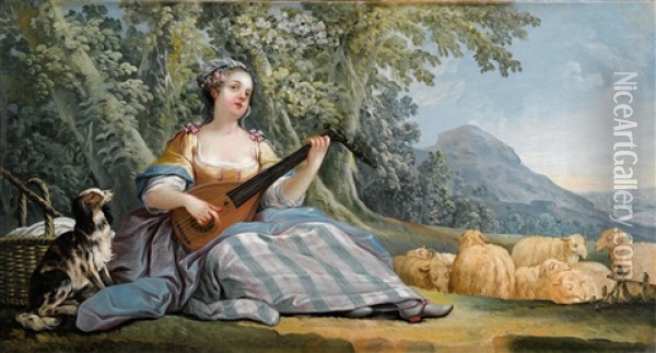 Ein Hirtenmadchen Die Mandoline Spielend Oil Painting - Jean Baptiste Huet