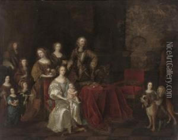 Portrait Of A Family, Full-length, Around A Table, In An Interior, A Landscape Beyond Oil Painting - Gonzales Cocques
