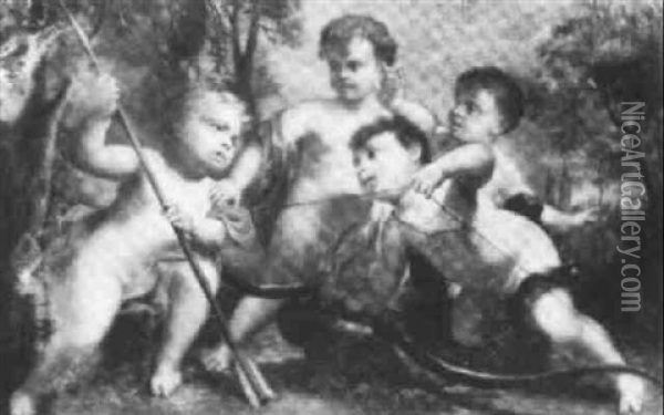 Putti Playing With A Bow And Arrow Oil Painting - Pasquale de' Rossi