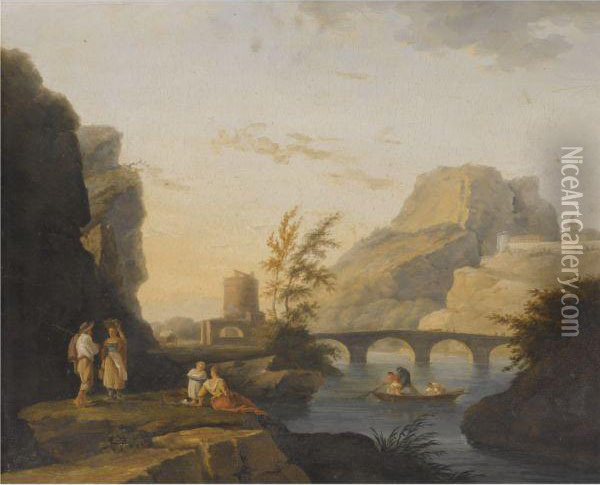 Landscape With Figures By A River And Fishermen Pulling Nets Oil Painting - Claude-joseph Vernet