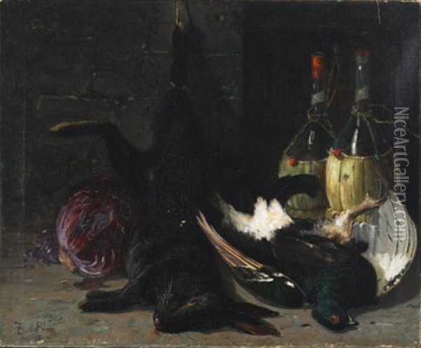 Still Life Of Game, Cabbage And Wine Oil Painting - Francois de Blois