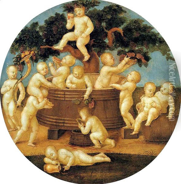 Putti with a Wine Press Oil Painting - Pietro Vannucci Perugino