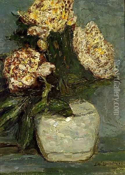Flowers In A Stone Jar Oil Painting - Jan Adam Zandleven