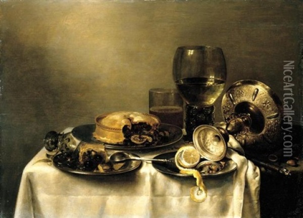 A Still Life Of An Overturned Silver Tazza, A Roemer With White Wine, A Glass Beaker With Beer, And Three Pewter Plates With A Lemon And Pies, All On A Table Draped With A White Cloth Oil Painting - Willem Claesz Heda