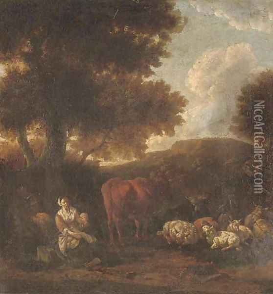 A wooded landscape with herdsmen and cattle resting Oil Painting - Jan Van Der Bent
