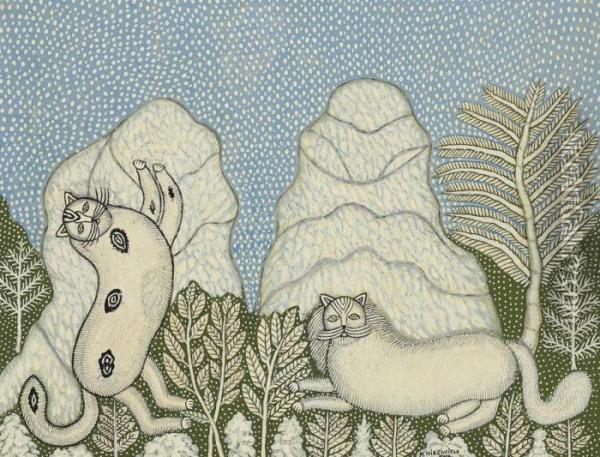 Cats In The Snow Oil Painting - Morris Hirshfield