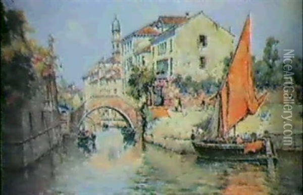 Venetian Canal Oil Painting - Antonio Maria de Reyna Manescau