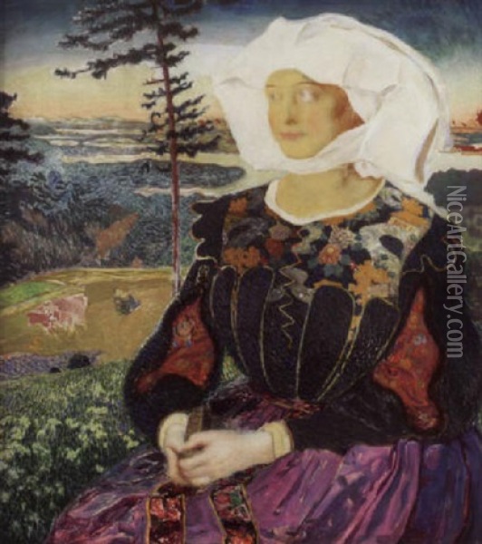 Portrat Einer Jungen Frau In Renaissancetracht Vor Landschaftshintergrund Oil Painting - Sigmund Walter Hampel