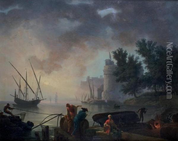 Cardage D'un Bateau Dans Un Port Mediterraneen Au Soleil Couchant Oil Painting - Claude-joseph Vernet