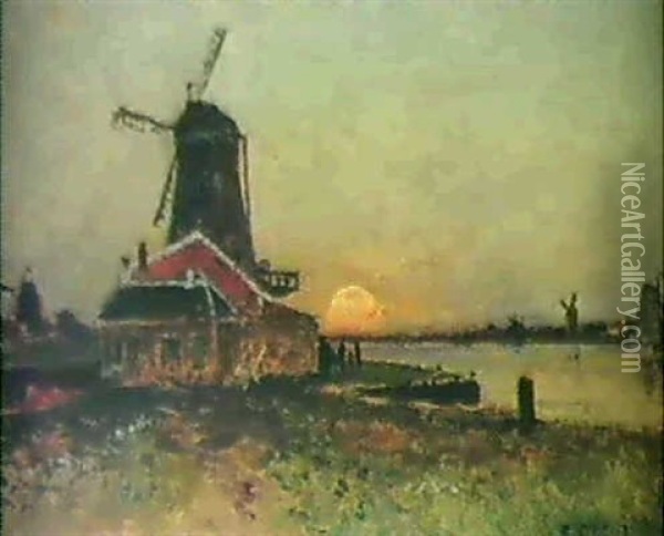 Solnedgang Over Hollandsk Kanal Oil Painting - Carl Skanberg