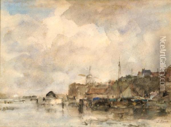View Of The Harbour Of A Dutch City Oil Painting - Jacob Henricus Maris