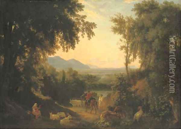 An Italianate landscape, with peasants and livestock in the foreground Oil Painting - William Linton