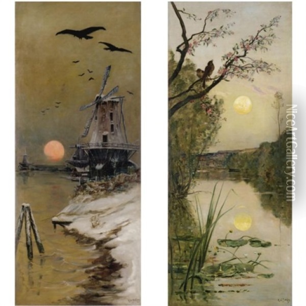 Windmill At Sunset (+ 3 Others; 4 Works) Oil Painting - Hippolyte Camille Delpy