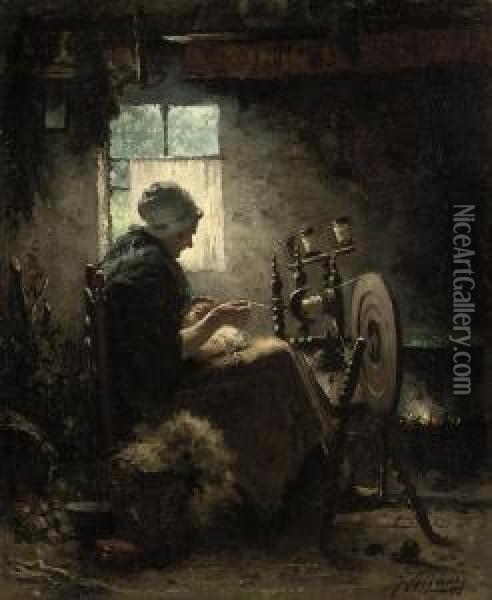 At The Spinning Wheel Oil Painting - Johannes Weiland