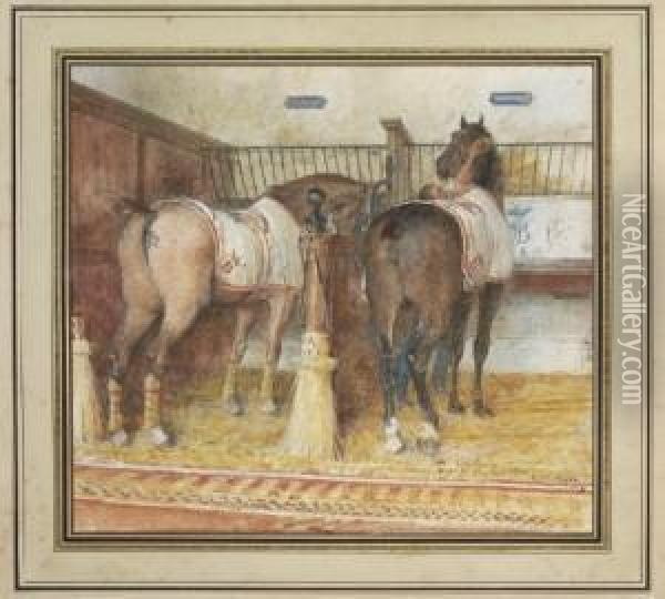 Two Horses And A Groom, In A Loose Box Oil Painting - Lionel Noel Royer