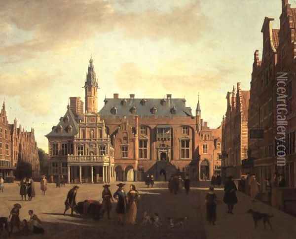The Market Place with the Raadhuis, Haarlem Oil Painting - Gerrit Adriaensz Berckheyde