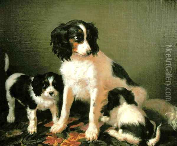A spaniel with two puppies Oil Painting - Giuseppe Palizzi