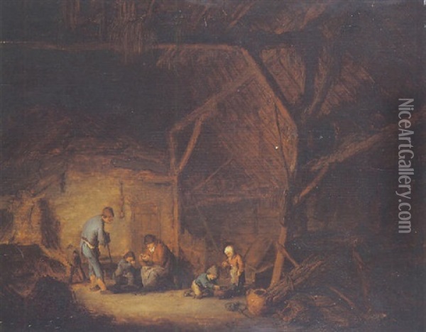 Scene D'interieur Paysan:  Une Famille Dans Une Grange Oil Painting - Adriaen Jansz van Ostade