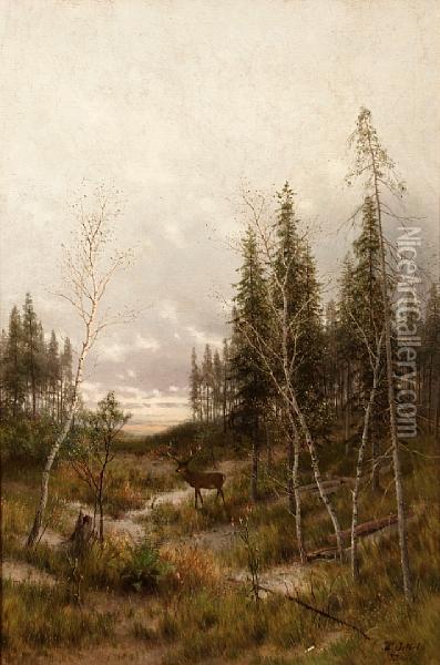 A Wooded Landscape With A Deer By Astream Oil Painting - Wladimir Jettel
