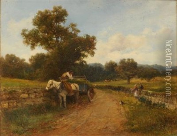 At Little Malvern, A Horse Drawn Wagon And Figures On A Country Lane Oil Painting - David Bates