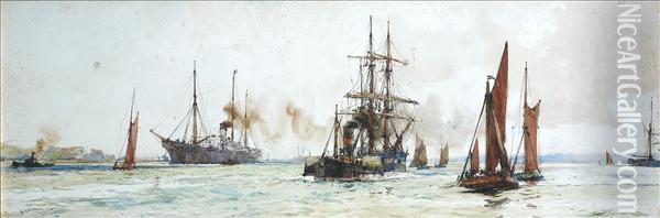 Off Tilbury,busy With Shipping And Fishing Boats Oil Painting - Charles Dixon