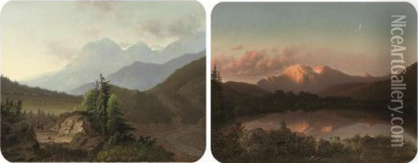 A Tyrolean Couple Strolling Before A Mountain Range; And A Tyrolean Lake By Twilight Oil Painting - Joseph Hartogensis